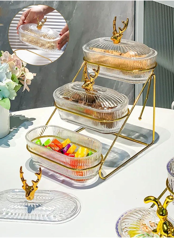 Beauenty Fruit Plate Dried Fruits Tray Serving Tray with Rack Plate With Lid 3 Tier Serving Bowls with Metal Stand, Tiered Fruit Basket for Fruit Vegetable Storage, Snack, Nuts, Cake, Dessert for Living Room  - Image 1