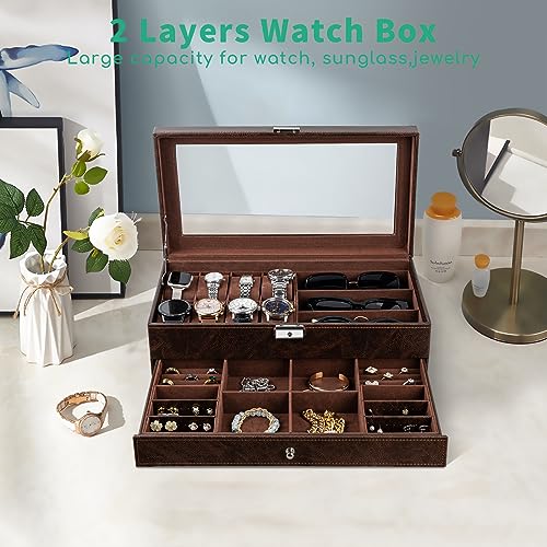 TomCare Watch Box 2-Tier Watch Case Jewelry Organizer Box with Thick Glass Lid Lockable Watch Organizer Jewelry Display Holder Sunglass Rings Necklaces Bracelets Storage Organizer for Men Women,Brown - Image 3