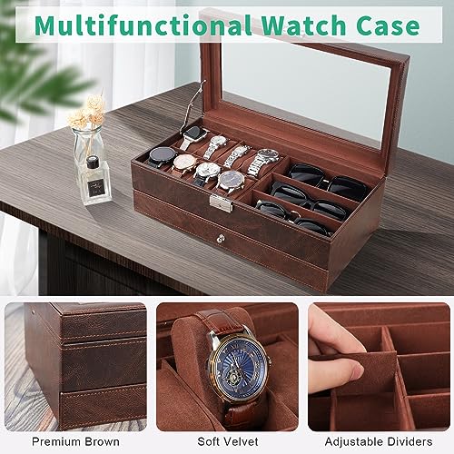 TomCare Watch Box 2-Tier Watch Case Jewelry Organizer Box with Thick Glass Lid Lockable Watch Organizer Jewelry Display Holder Sunglass Rings Necklaces Bracelets Storage Organizer for Men Women,Brown - Image 4