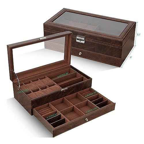 TomCare Watch Box 2-Tier Watch Case Jewelry Organizer Box with Thick Glass Lid Lockable Watch Organizer Jewelry Display Holder Sunglass Rings Necklaces Bracelets Storage Organizer for Men Women,Brown - Image 2