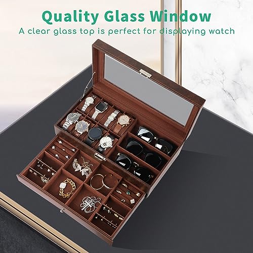 TomCare Watch Box 2-Tier Watch Case Jewelry Organizer Box with Thick Glass Lid Lockable Watch Organizer Jewelry Display Holder Sunglass Rings Necklaces Bracelets Storage Organizer for Men Women,Brown - Image 5