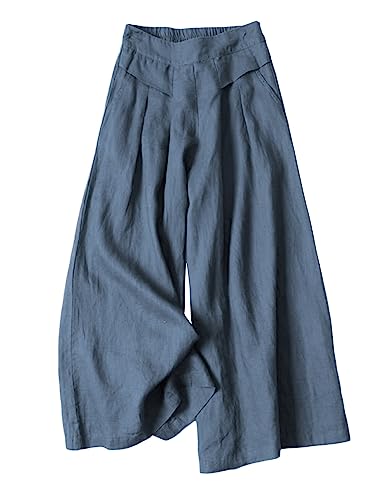 Hooever Women's Cotton Linen Culottes Pants Elastic Waist Wide Leg Palazzo Trousers Capri Pant (Blue-M) - Image 1