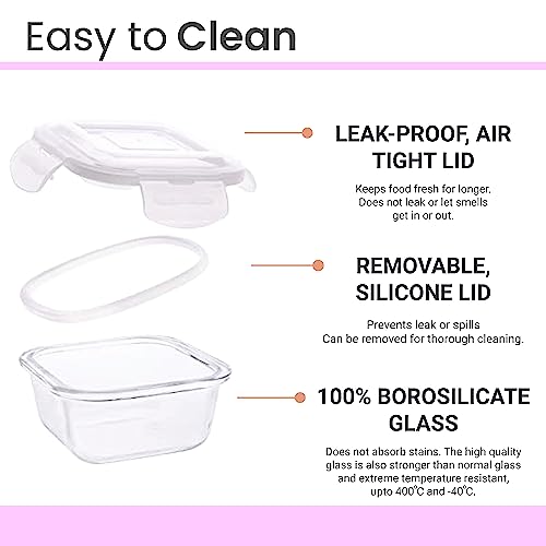 Femora Borosilicate Glass Microwave Safe Container Multipurpose Lunch Box for Office, Green, Square-300 ml (2 Container), Rectangle-620 ml (1 Container), Square-180 ml (2 Container). - Image 3