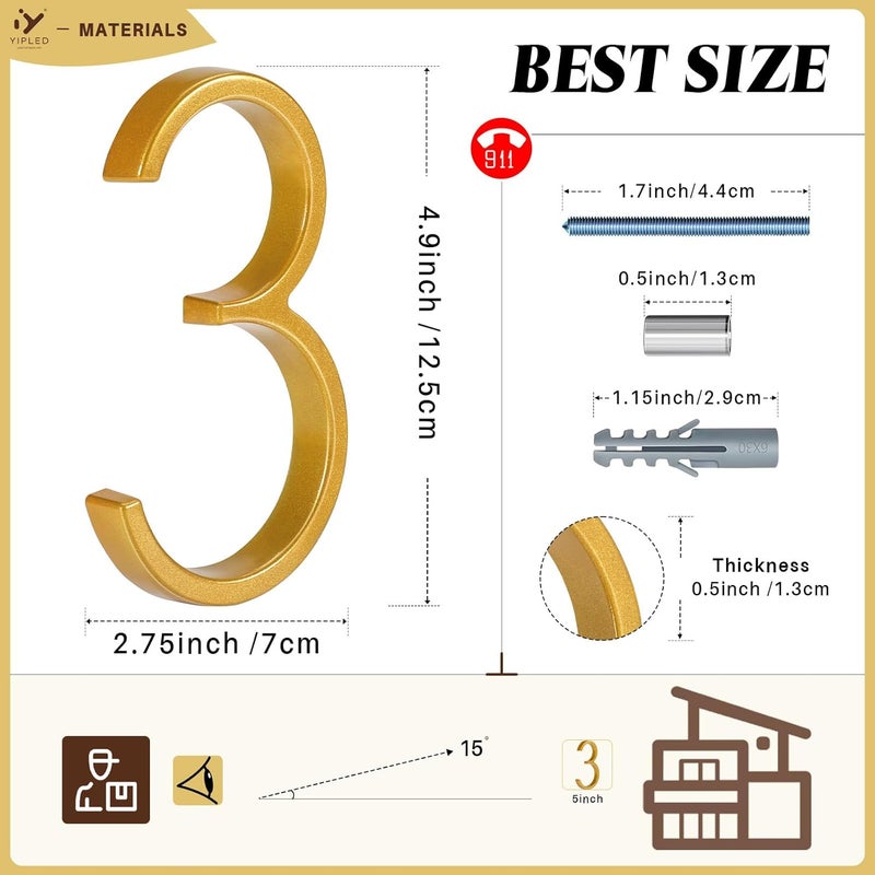 YIPLED 5 Inch House Numbers for Outside, Metal Address Number 3 - Modern Design, Weather-Resistant Gold Powder Coated Finish, No Fading (Gold) - Image 3