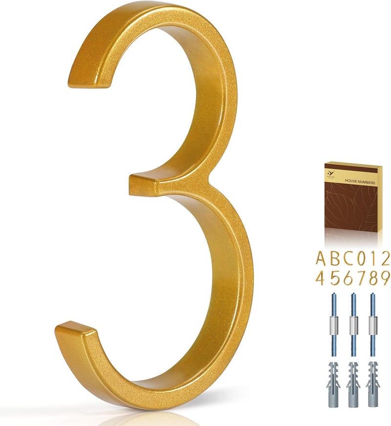 YIPLED 5 Inch House Numbers for Outside, Metal Address Number 3 - Modern Design, Weather-Resistant Gold Powder Coated Finish, No Fading (Gold) - Image 1