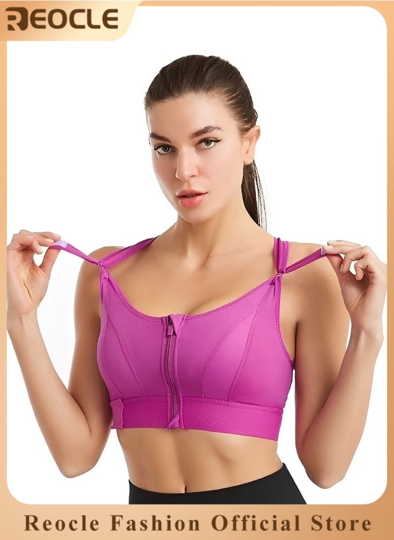 REOCLE Women's Sports Bra Criss-Cross Back Padded Strappy Sports Bras Shockproof Wire-free Underwear Adjustable Front Zip Bra for Workout & Running  - Image 1