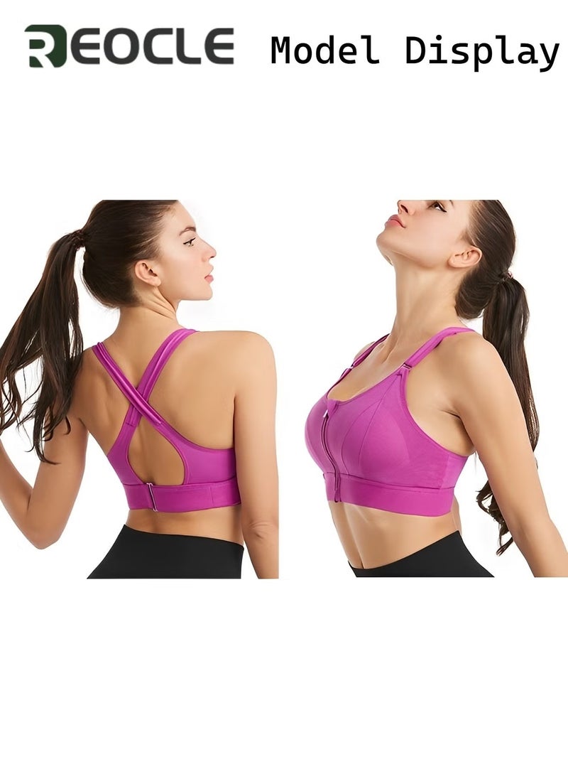 REOCLE Women's Sports Bra Criss-Cross Back Padded Strappy Sports Bras Shockproof Wire-free Underwear Adjustable Front Zip Bra for Workout & Running  - Image 2