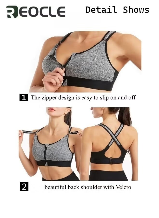 REOCLE Women's Sports Bra Criss-Cross Back Padded Strappy Sports Bras Shockproof Wire-free Underwear Adjustable Front Zip Bra for Workout & Running - Image 4