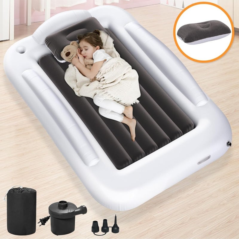 Inflatable Toddler Travel Bed for Vacation Camping and Sleepover PVC Blue Portable Air Mattress with Safety Sides, 155×100×30cm, Includes High-Speed Pump - Image 1