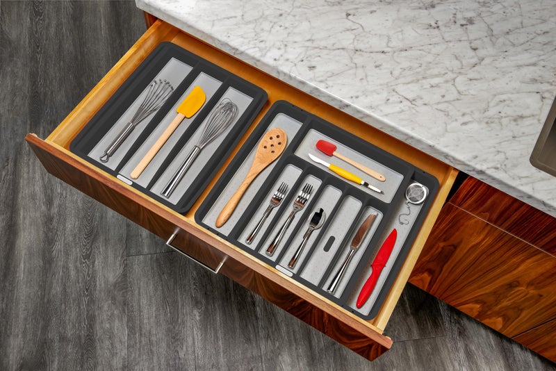 madesmart Expandable Silverware Tray, 8 Compartment Silverware Organizer for Forks, Knives & Spoons, Non Slip, Soft Grip Base, Expands to Fit Most Drawers, Carbon - Image 2