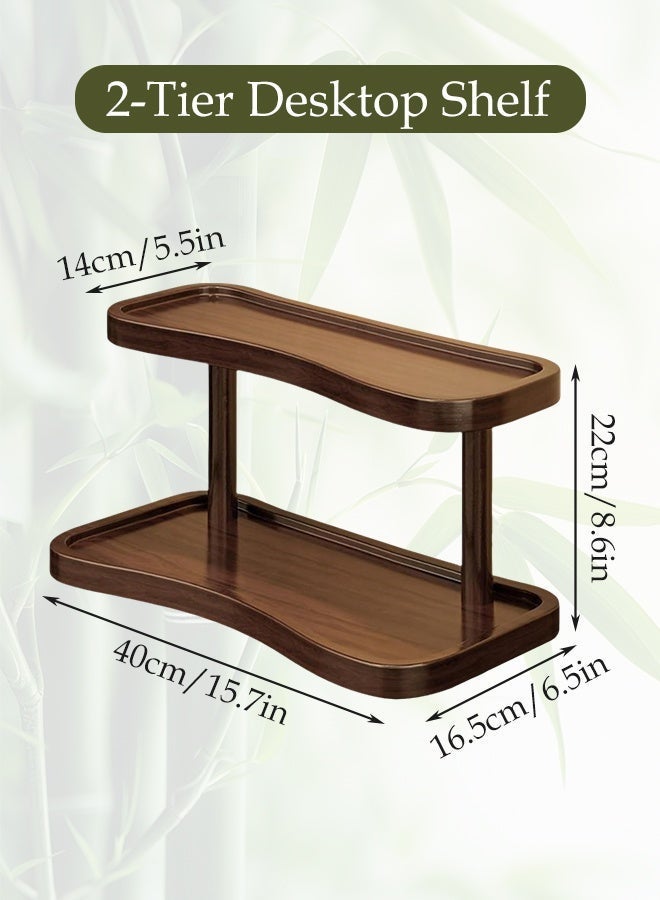 Forthcan 2-Tier Bamboo Countertop Organizer Rack, Thickened Natural Material Display Stand with Anti-Fall Grooved Trays, Compact Storage Shelf for Tea Set, Kitchen & Home Decor - Image 2
