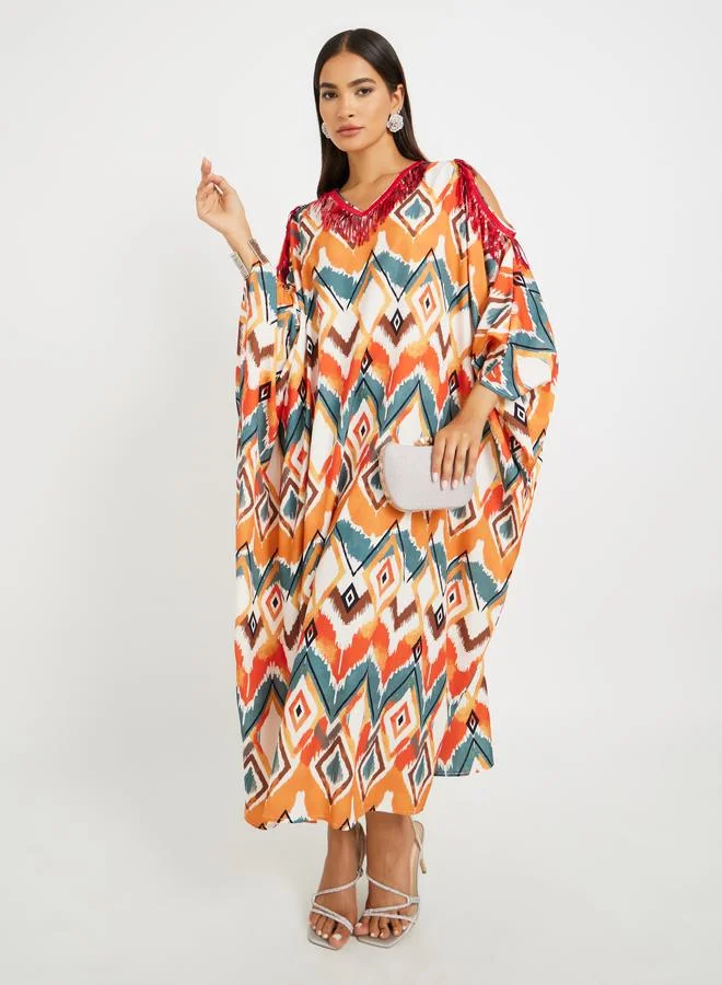 Take Two Take Two All-Over Print Embellished Kaftan Dress with Cut-Out Detail