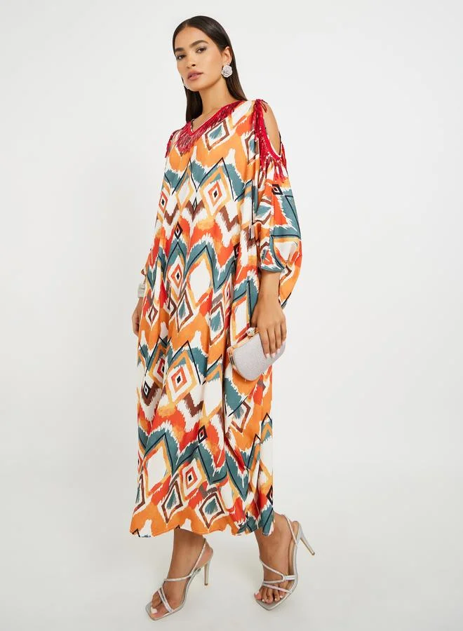 Take Two Take Two All-Over Print Embellished Kaftan Dress with Cut-Out Detail
