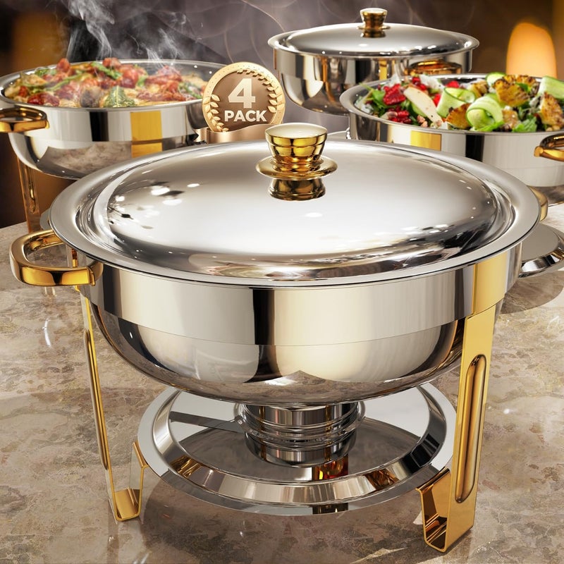 ZILODE Chafing Dishes for Buffet 4 Pack, 6QT [Worry-Free Assemble] Food Warmers for Parties Buffet [Elegant Gold and Silver Colors] Stainless Steel Round Chafing Dish Buffet Set with Complete Set - Image 1