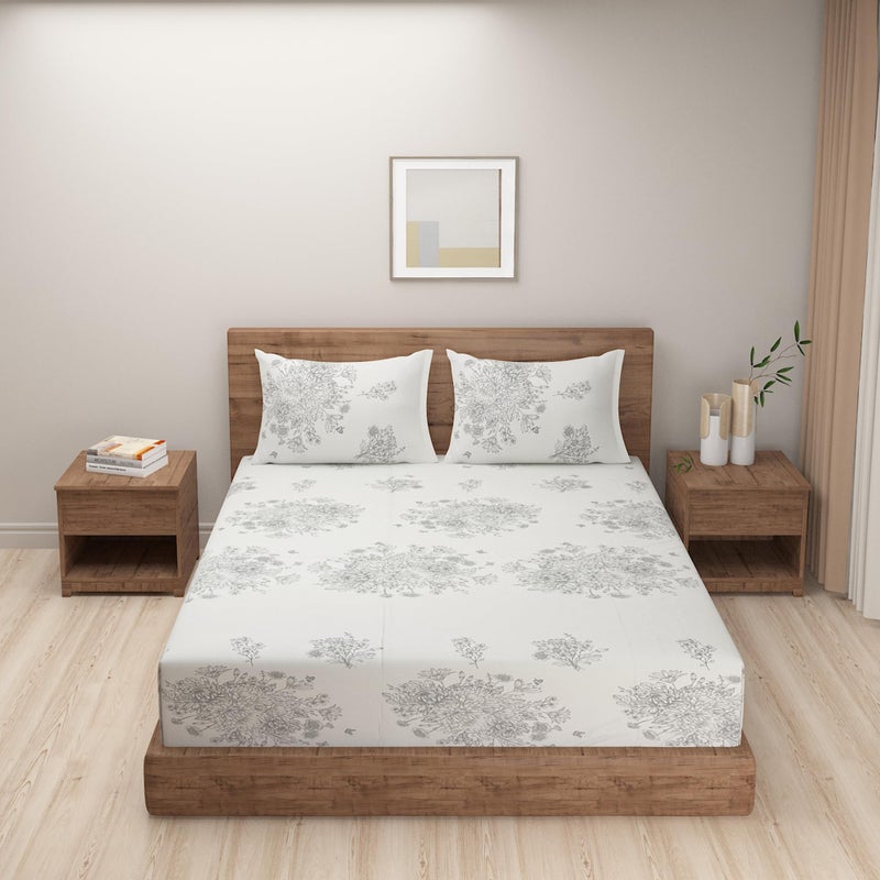 Swayam Zinnia Collection Premium Cotton 250 TC Floral Print Cotton Satin Double Bed Sheet with 2 Pillow Cover -White - Image 1