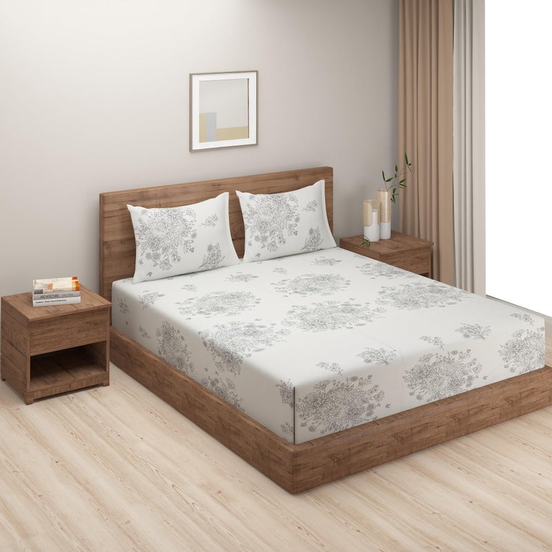 Swayam Zinnia Collection Premium Cotton 250 TC Floral Print Cotton Satin Double Bed Sheet with 2 Pillow Cover -White - Image 2