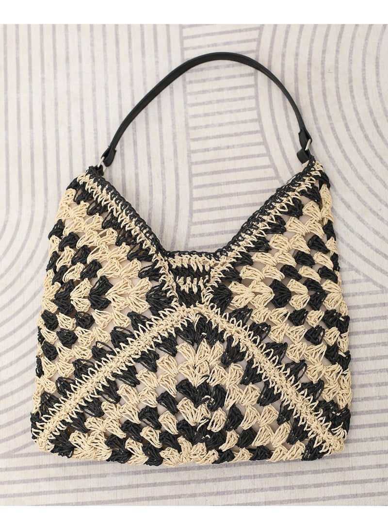 Nariele New Fashion Paper Rope Hollow Triangle Contrast Knitted Bag