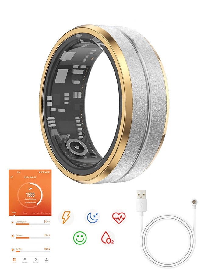 OLO Fitness Tracker Smart Ring for Men Women, Step Counter Heart Rate Oxygen Sleep Tracker Health Ring, Waterproof Long Battery Life Smart Rings Compatible with iOS & Android (Silver + Side Gold, 20.7mm) - Image 1