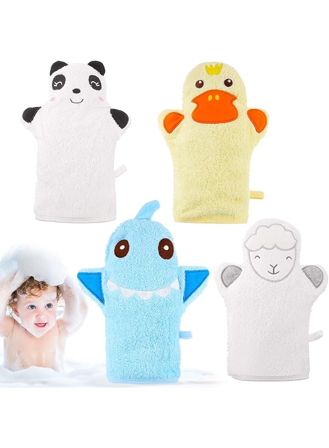 Tazweeq 4Pcs Baby Bath Mitt Washcloths Gloves Designed In Nice Cute Animal Style Yellow Duck Shark Panda Sheep Cotton Towel Gentle Scrub For Baby Toddler Kids Bath And Shower  - Image 1