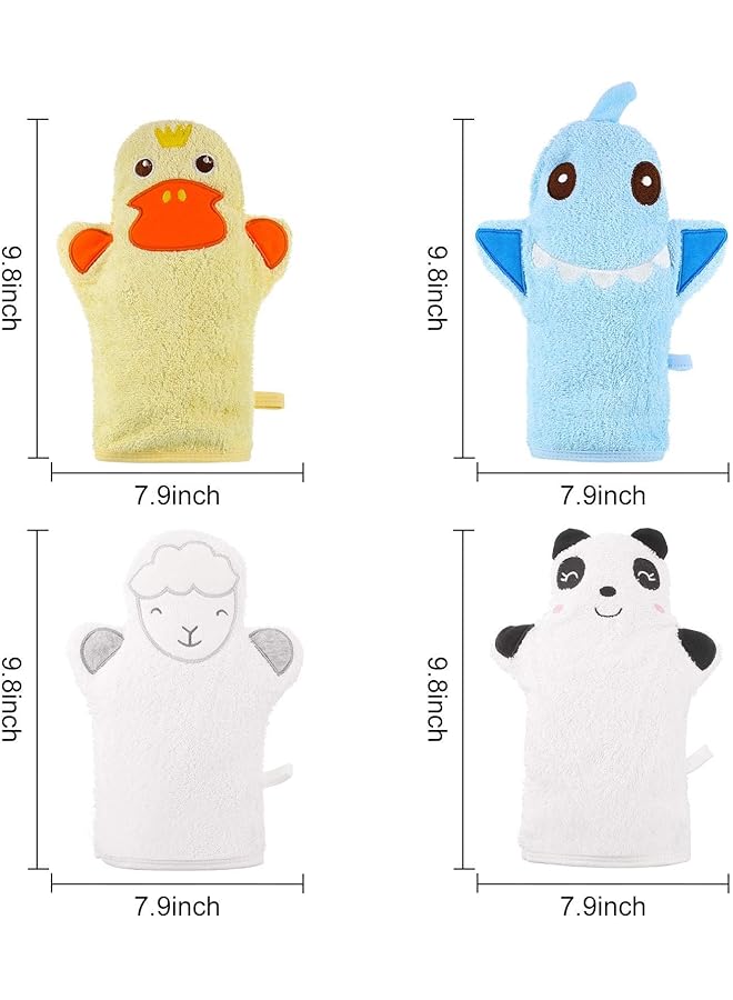 Tazweeq 4Pcs Baby Bath Mitt Washcloths Gloves Designed In Nice Cute Animal Style Yellow Duck Shark Panda Sheep Cotton Towel Gentle Scrub For Baby Toddler Kids Bath And Shower  - Image 4