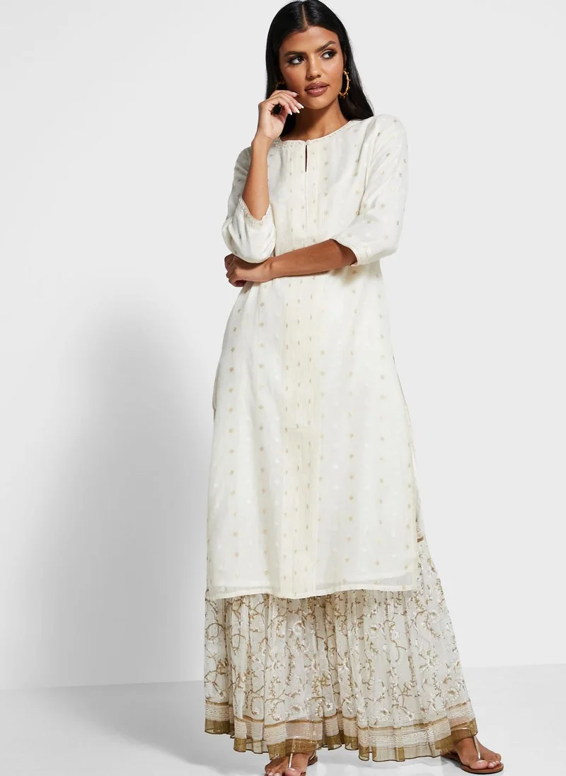 Fabindia Kurtalong Cot/Silk Cutwork Straight RndNckSlt 3/Q pntck w/emb dtl