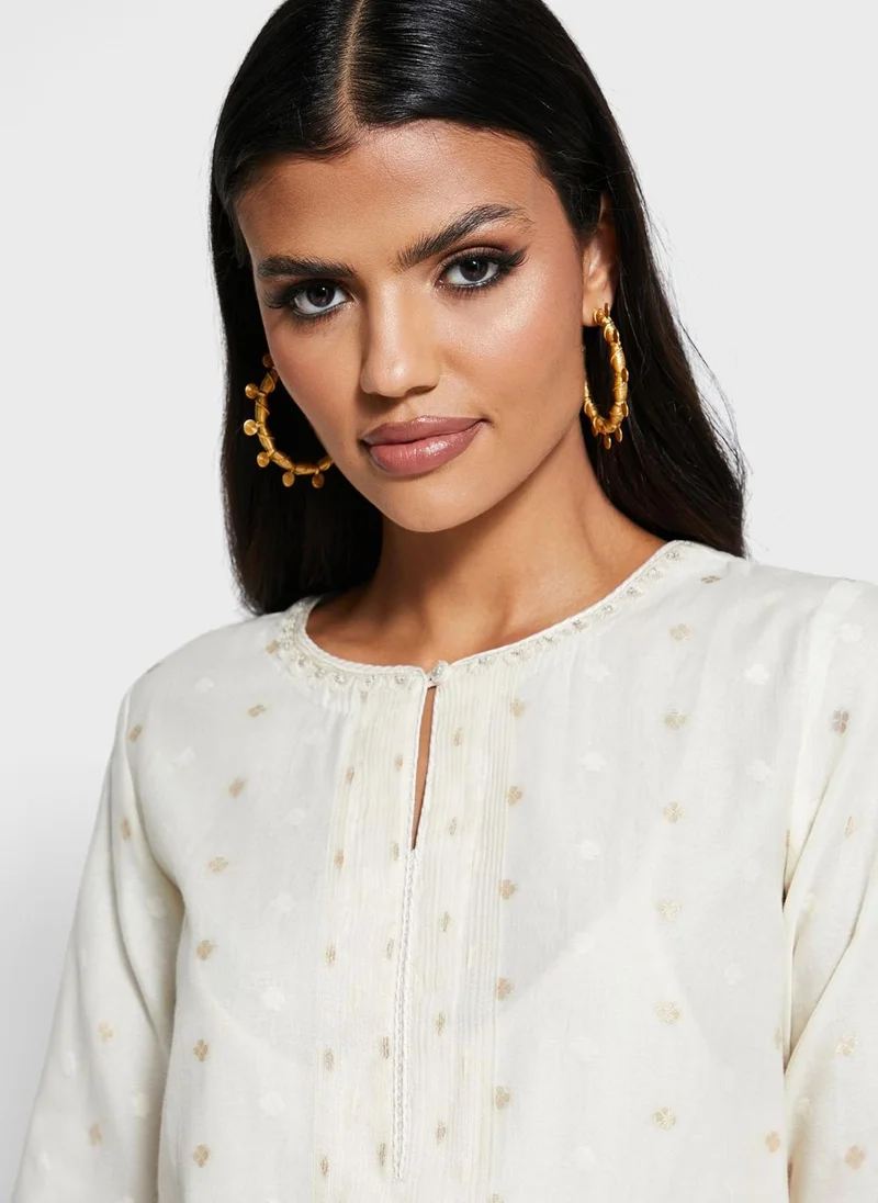 Fabindia Kurtalong Cot/Silk Cutwork Straight RndNckSlt 3/Q pntck w/emb dtl