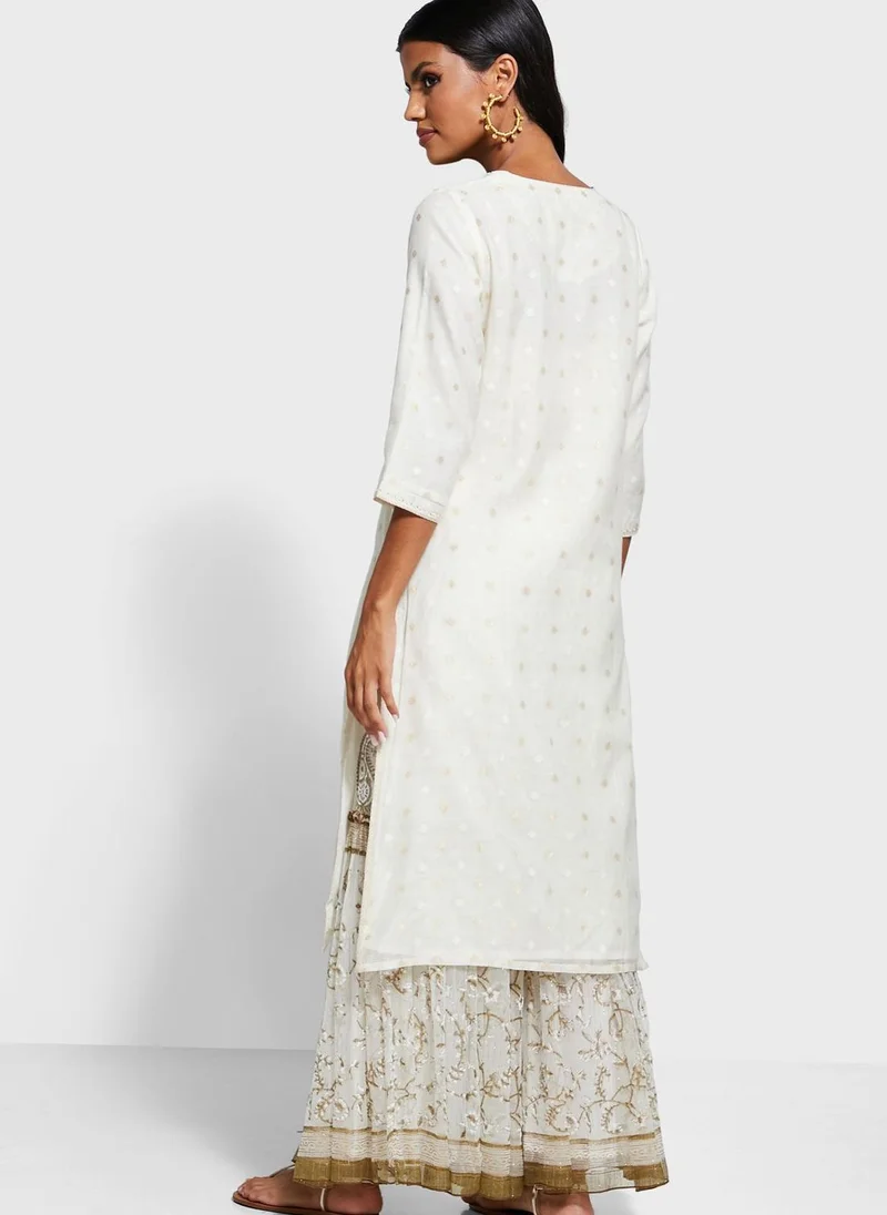 Fabindia Kurtalong Cot/Silk Cutwork Straight RndNckSlt 3/Q pntck w/emb dtl