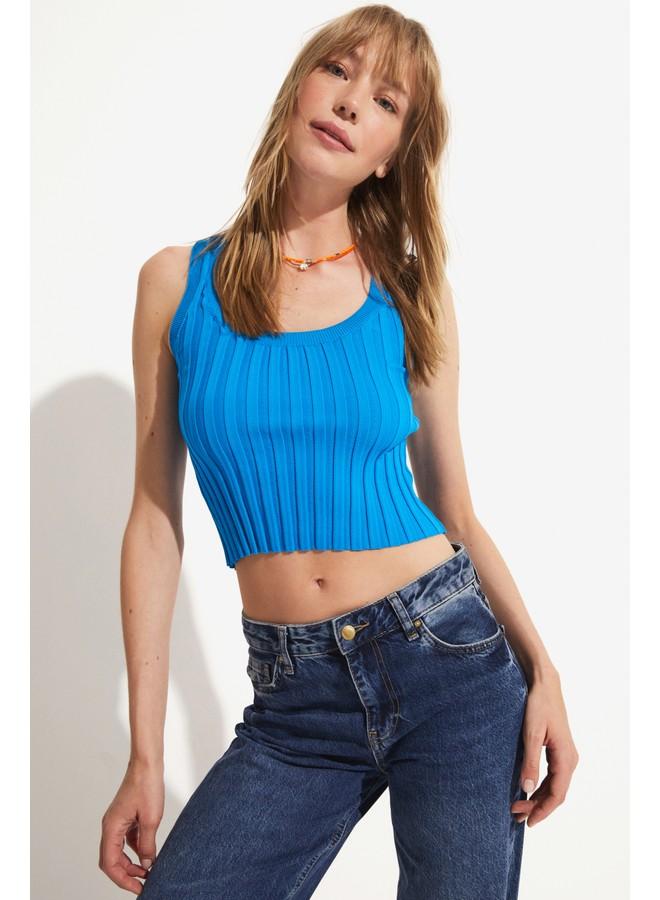 June Thick Strappy Ribbed Tank Top Blue - Image 3