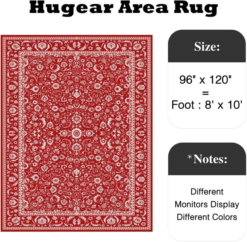 HUGEAR Christmas 8x10 Machine Washable Rugs Red Hallway Large Area Rug Indoor Accent Rug Floral Low Pile Carpet Soft Throw Aesthetic Rug Bedroom Living Room Office Dining Room Kitchen Laundry Room - Image 2