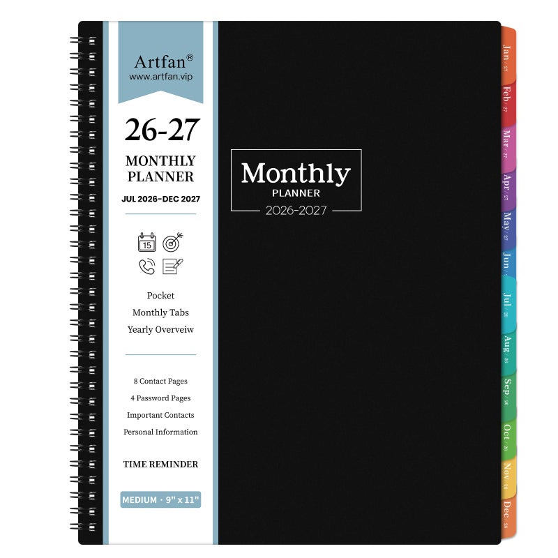 Artfan Monthly Planner 2026-2027 - JUL. 2026 - DEC. 2027, Planner 2026-2027 with Colorful Tabs, 8.5" x 11", 26-27 Monthly Planner/Calendar with Pocket, Thick Paper, Twin-Wire Binding - Black - Image 1