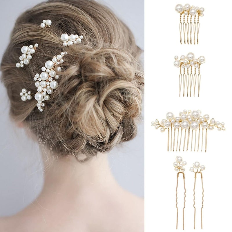 Sppry Wedding Pearl Hair Combs Set of 5 Pieces - Prom Hair Pins Accessories for Bridal Women (Gold) - Image 5