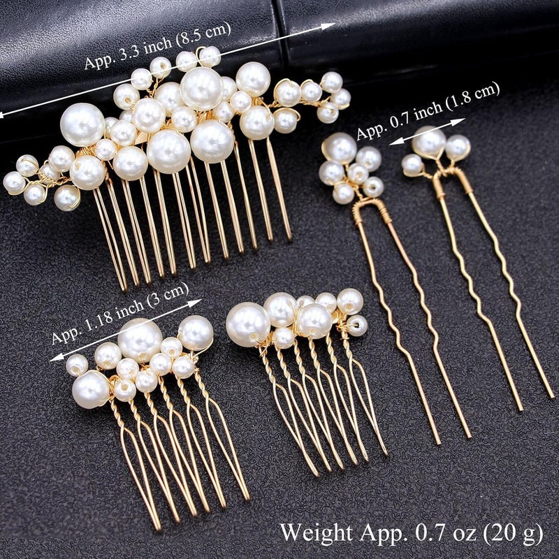 Sppry Wedding Pearl Hair Combs Set of 5 Pieces - Prom Hair Pins Accessories for Bridal Women (Gold) - Image 2
