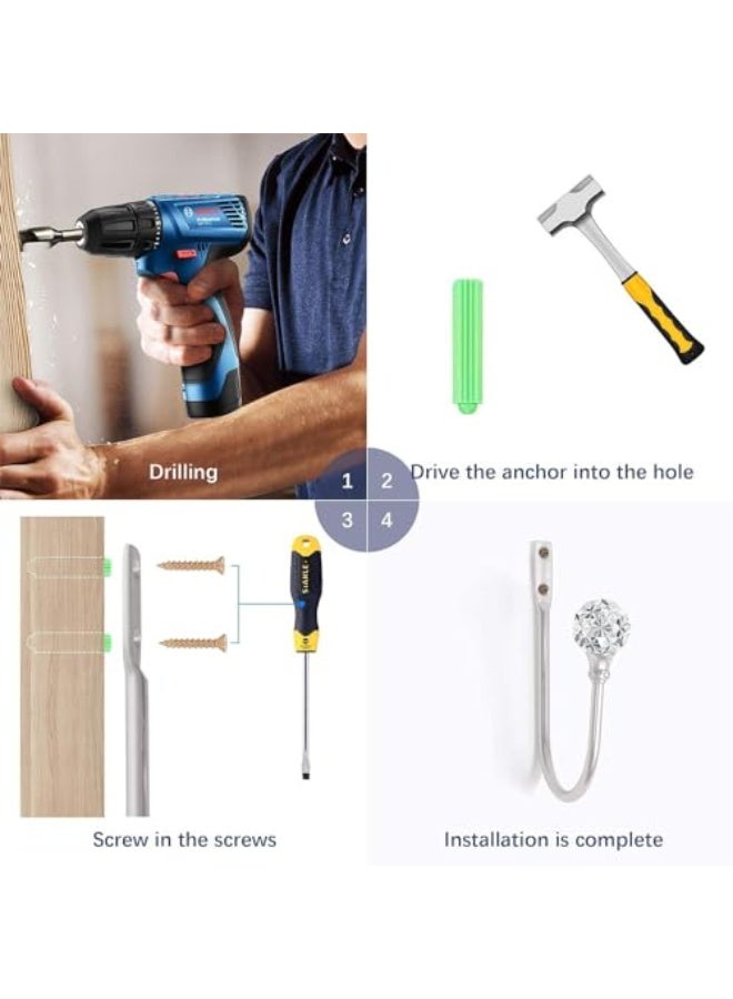 جيه زد اس مثبتات ستائر JZS، مثبتات ستائر جدارية مع كرة كريستالية شفافة، حامل ستائر معدني متين مزخرف للنوافذ، خطافات ستائر مع براغي، قطعتان، فضي عتيق - Image 4