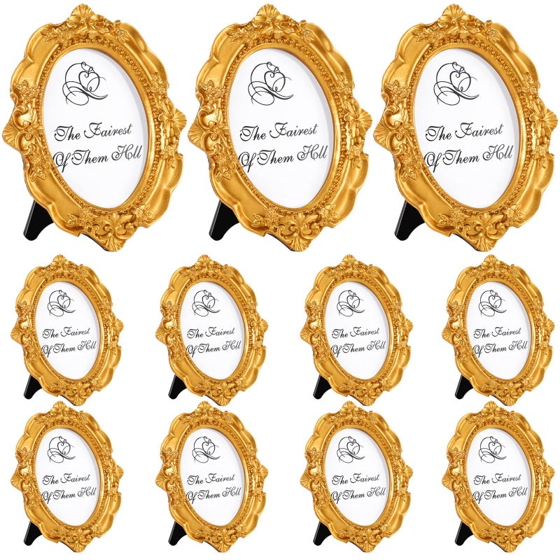 AceOrbit 10 Pcs Gold Mini Picture Frames Pack Small Retro Photo Frames with Backboard Antique Vintage Ornate Baroque Ornaments for Wall Hanging Tabletop Display Wedding Christmas Decor (Oval) - Image 1