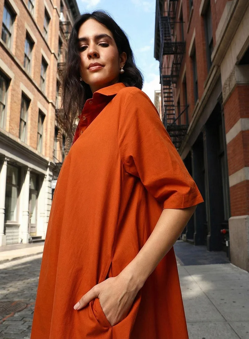 آي شين Rust 100% Cotton Solid Print Mini A-Line Relaxed Dress For Women