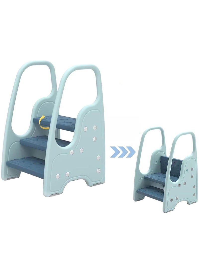 Jorunb - Kids Step Stool Toddler Step Stool for Kids Toddlers Two Step Standing Tower for Bathroom Sink Kitchen Counter Toilet Potty Stool Step Ladder Learning Helper with Handles Round Armrest (Blue) - Image 1