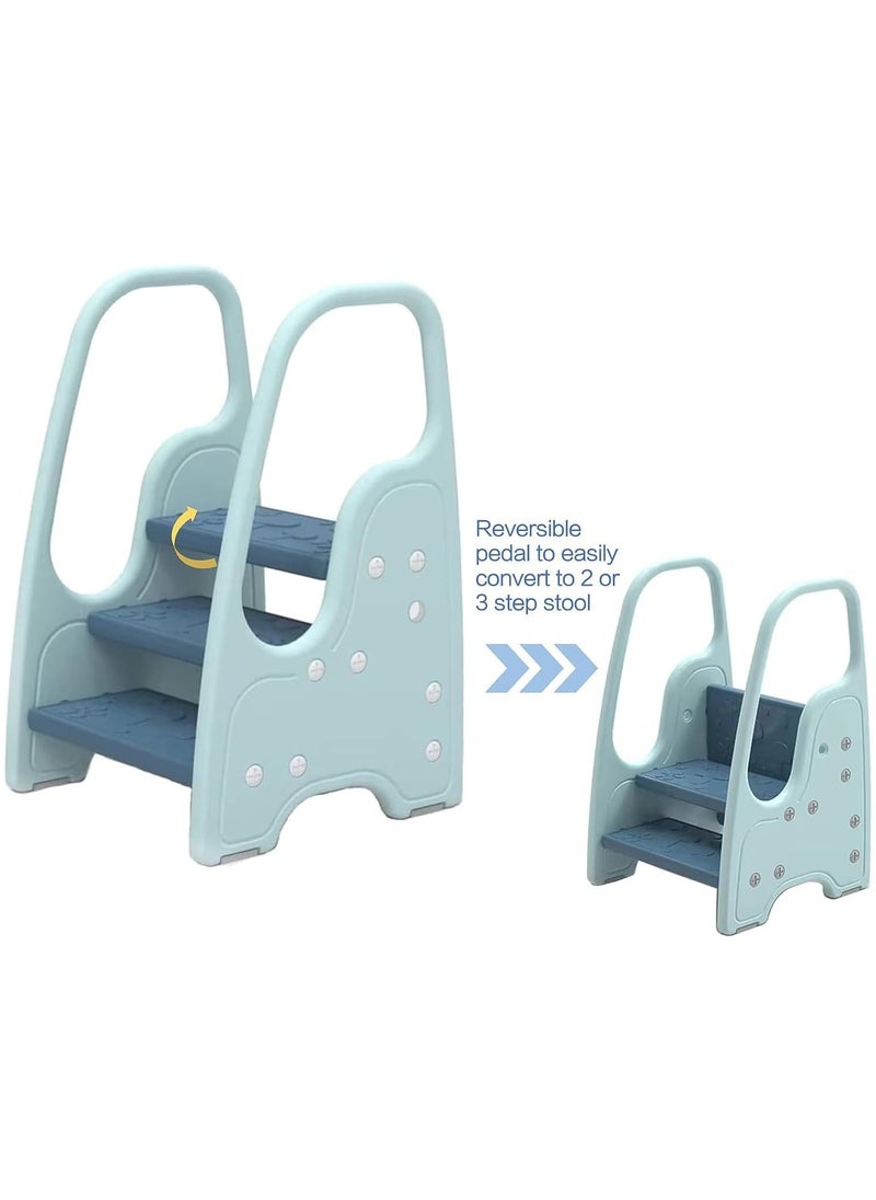 Jorunb - Kids Step Stool Toddler Step Stool for Kids Toddlers Two Step Standing Tower for Bathroom Sink Kitchen Counter Toilet Potty Stool Step Ladder Learning Helper with Handles Round Armrest (Blue) - Image 1