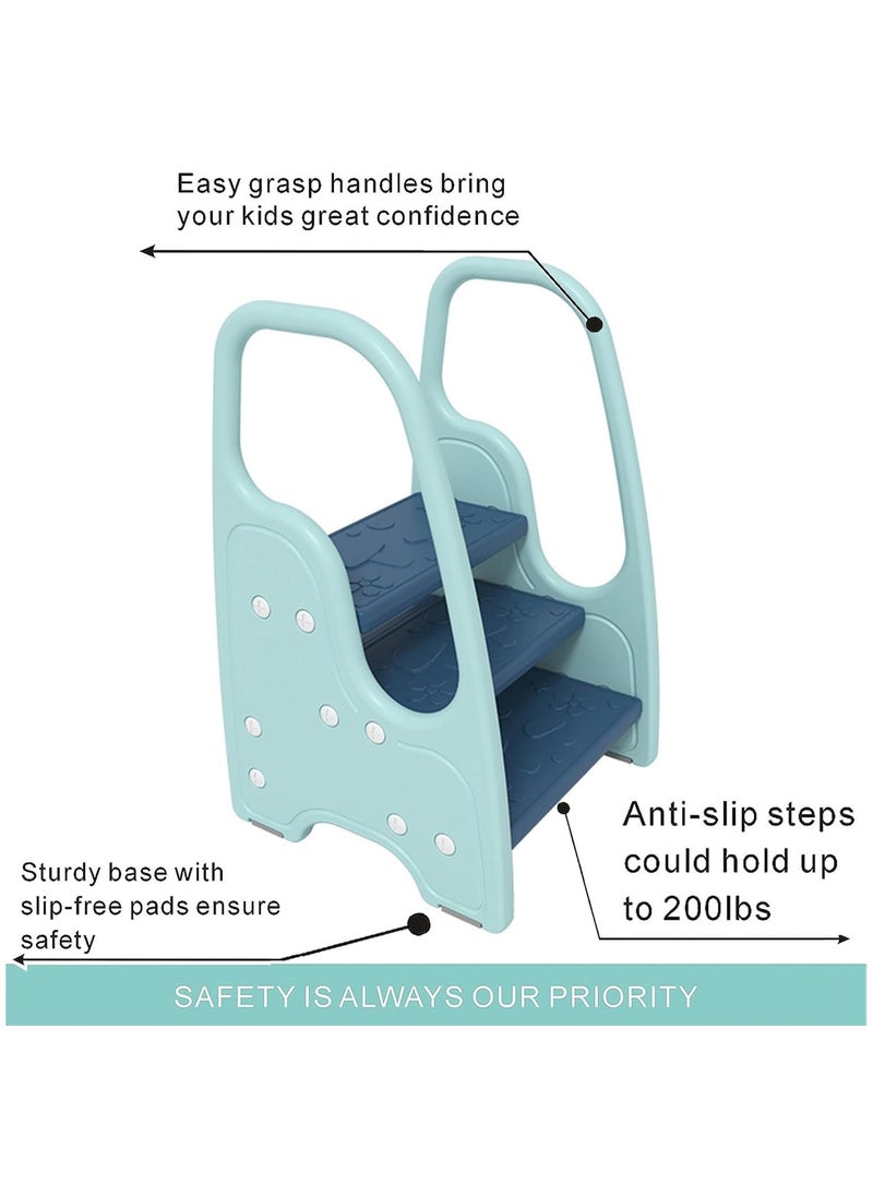 Jorunb - Kids Step Stool Toddler Step Stool for Kids Toddlers Two Step Standing Tower for Bathroom Sink Kitchen Counter Toilet Potty Stool Step Ladder Learning Helper with Handles Round Armrest (Blue) - Image 1