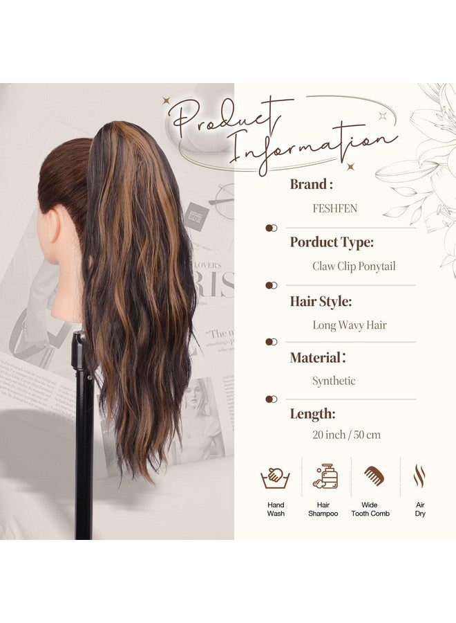 فيشبن وصلات ذيل الحصان من FESHFEN، مشبك ذيل حصان بطول 20 بوصة، قطعة شعر ذيل حصان صناعية، قطعة شعر مموجة طبيعية للنساء، بني غامق وأشقر كراميل - Image 5
