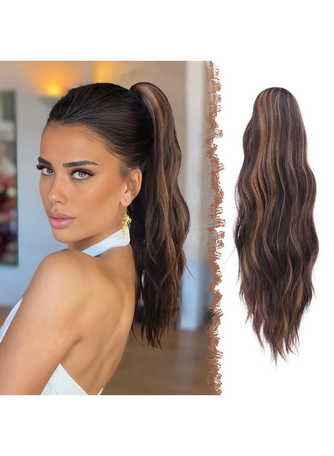 فيشبن وصلات ذيل الحصان من FESHFEN، مشبك ذيل حصان بطول 20 بوصة، قطعة شعر ذيل حصان صناعية، قطعة شعر مموجة طبيعية للنساء، بني غامق وأشقر كراميل - Image 1