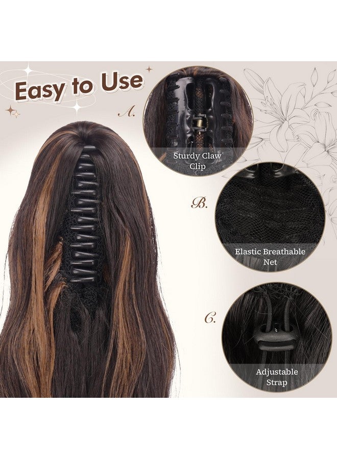 فيشبن وصلات ذيل الحصان من FESHFEN، مشبك ذيل حصان بطول 20 بوصة، قطعة شعر ذيل حصان صناعية، قطعة شعر مموجة طبيعية للنساء، بني غامق وأشقر كراميل - Image 3