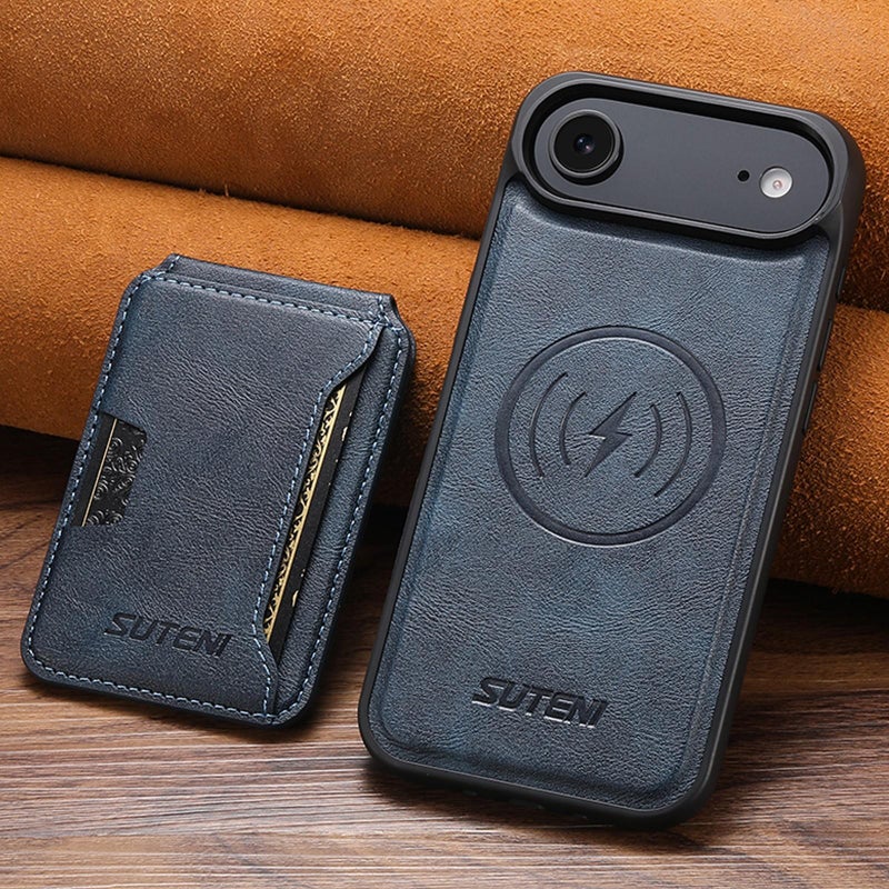Suteni For Iphone Air M3 Card Bag Magsafe Cowhide Texture Leather Phone Case(Blue) - Image 2