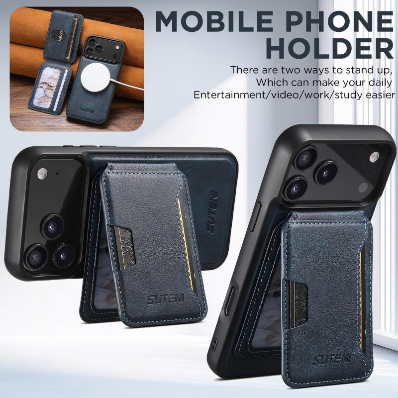 Suteni For Iphone Air M3 Card Bag Magsafe Cowhide Texture Leather Phone Case(Blue) - Image 4