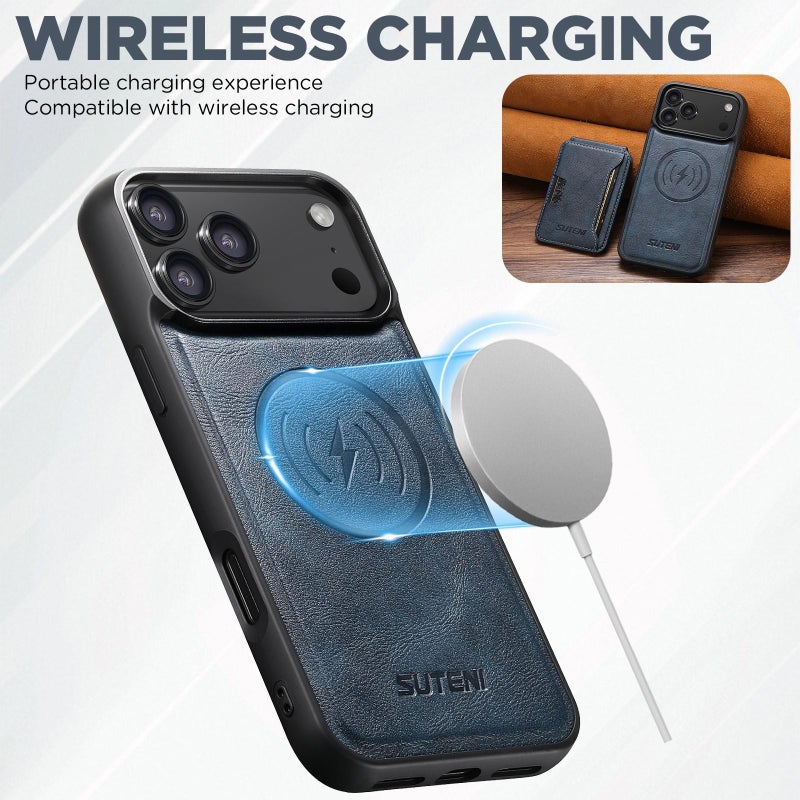 Suteni For Iphone Air M3 Card Bag Magsafe Cowhide Texture Leather Phone Case(Blue) - Image 3