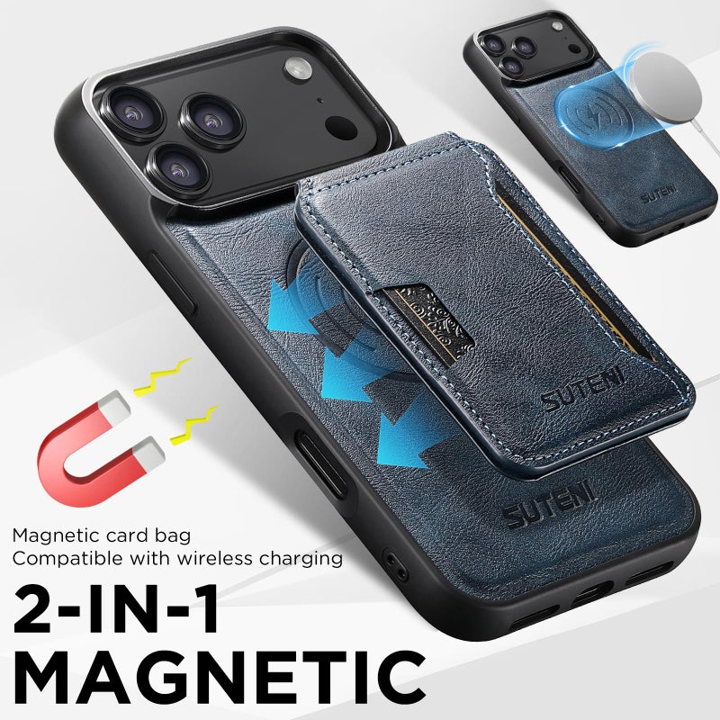 Suteni For Iphone Air M3 Card Bag Magsafe Cowhide Texture Leather Phone Case(Blue) - Image 5
