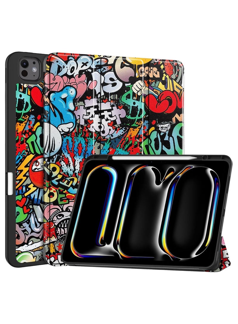 VKL Compatible with iPad Pro 13 Case (M4) 2024 with Pencil Holder [Supports Pencil/Pencil Pro], Leather + Soft TPU Back Cover with Smart Trifold Stand, Auto Wake/Sleep (Graffiti)