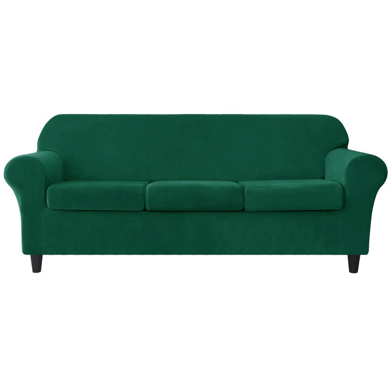 OBCREAT 4 Pieces Sofa Slipcover Stretch Velvet Sofa Covers for 3 Cushion Couch Soft Couch Cover with Elastic Bottom Non Slip Furniture Protector for Pets Kids Green Large
