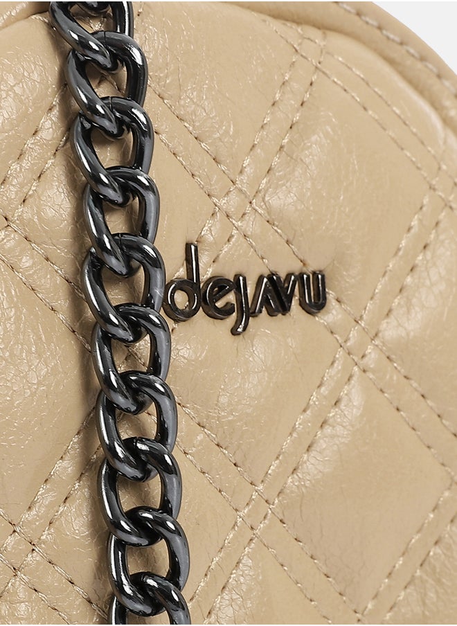 DejaVu Shiny Quilted Cross Body Bag - Vanilla Beige  - Image 4