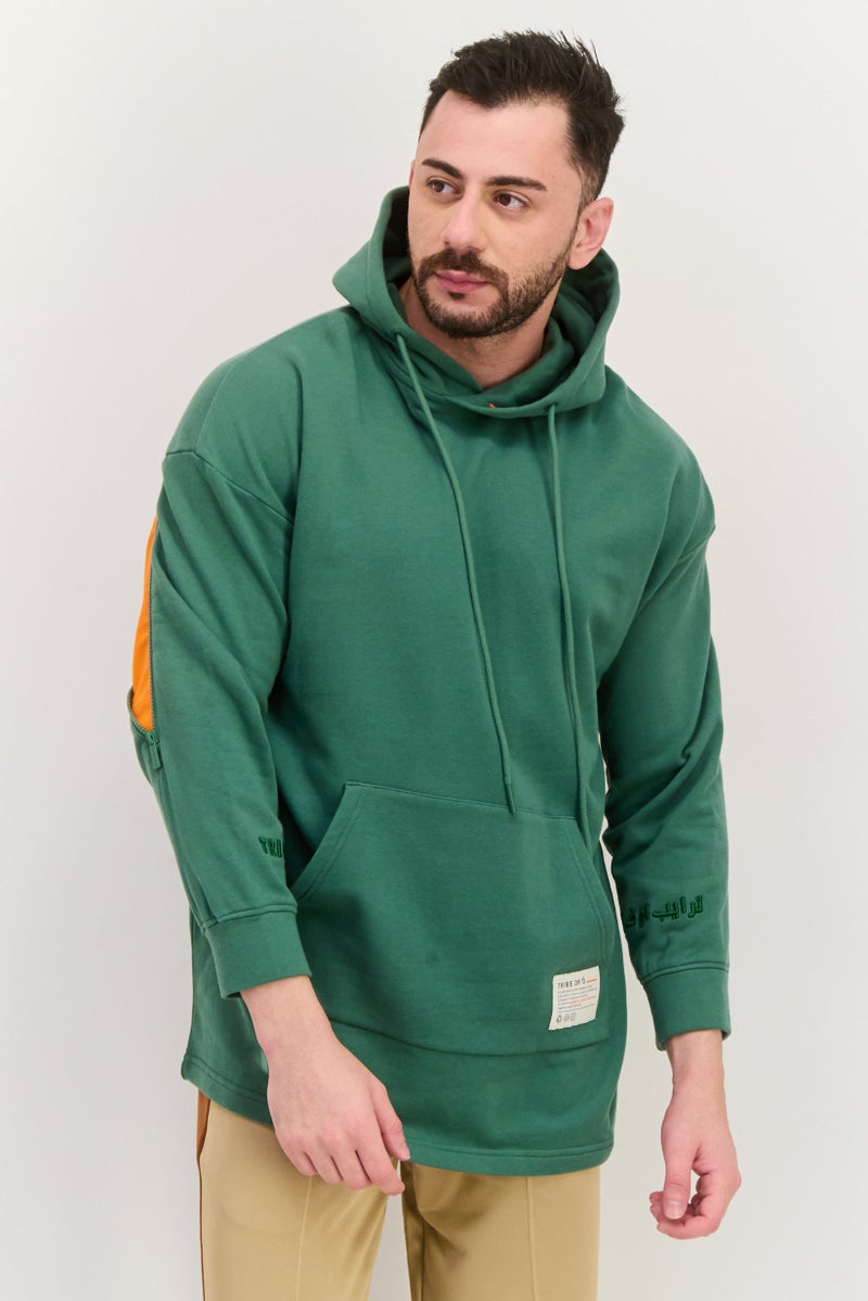 TRIBE OF 6 Men Embroidered Logo Hooded Sweatshirt, Green - Image 1