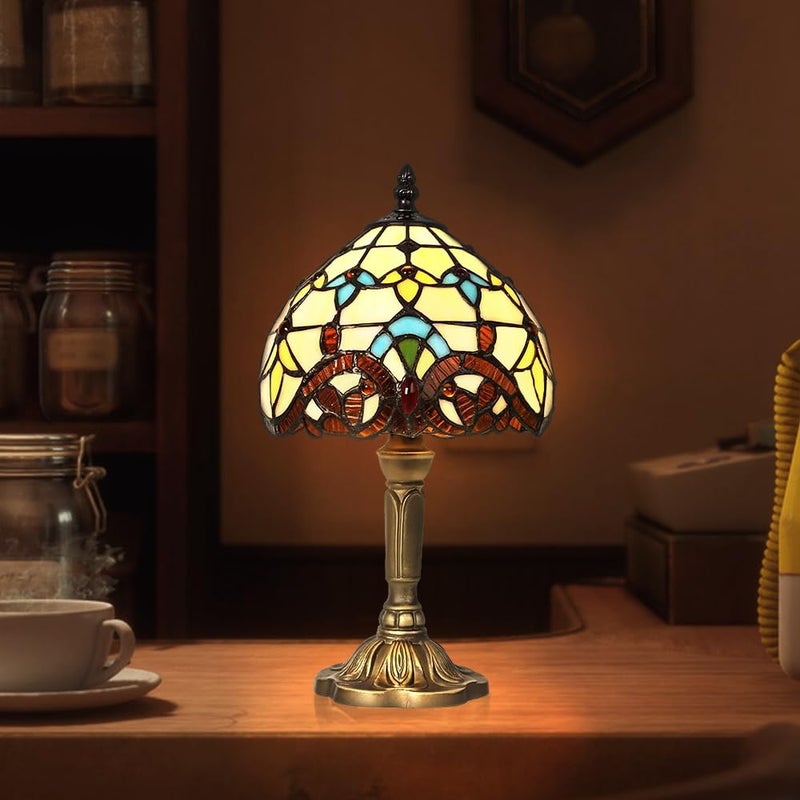 Artpad Tiffany Style Table Lamp, Handcrafted Stained Glass Lampshade Night Bedside Lamp, Living Room, Bar Mediterranean Table Decoration Light with Plug - Image 1